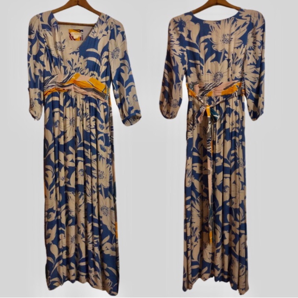 Anthropologie Floral Blue and Cream Maeve Maxi Dress